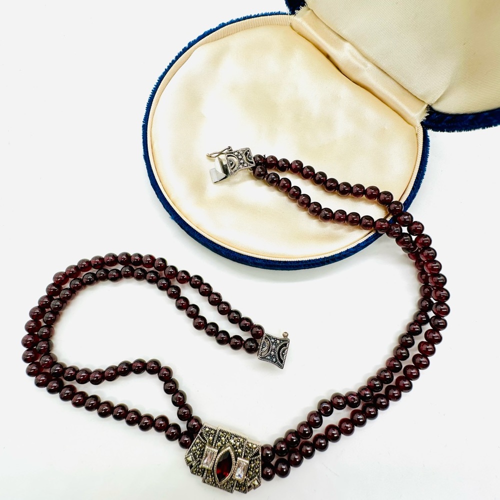 Vintage Marcasite garnet bead double strand necklace